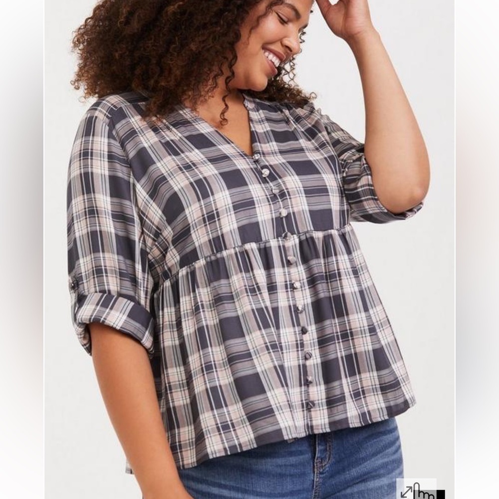 Torrid Grey Plaid Babydoll Rayon Twill Button-Front Top